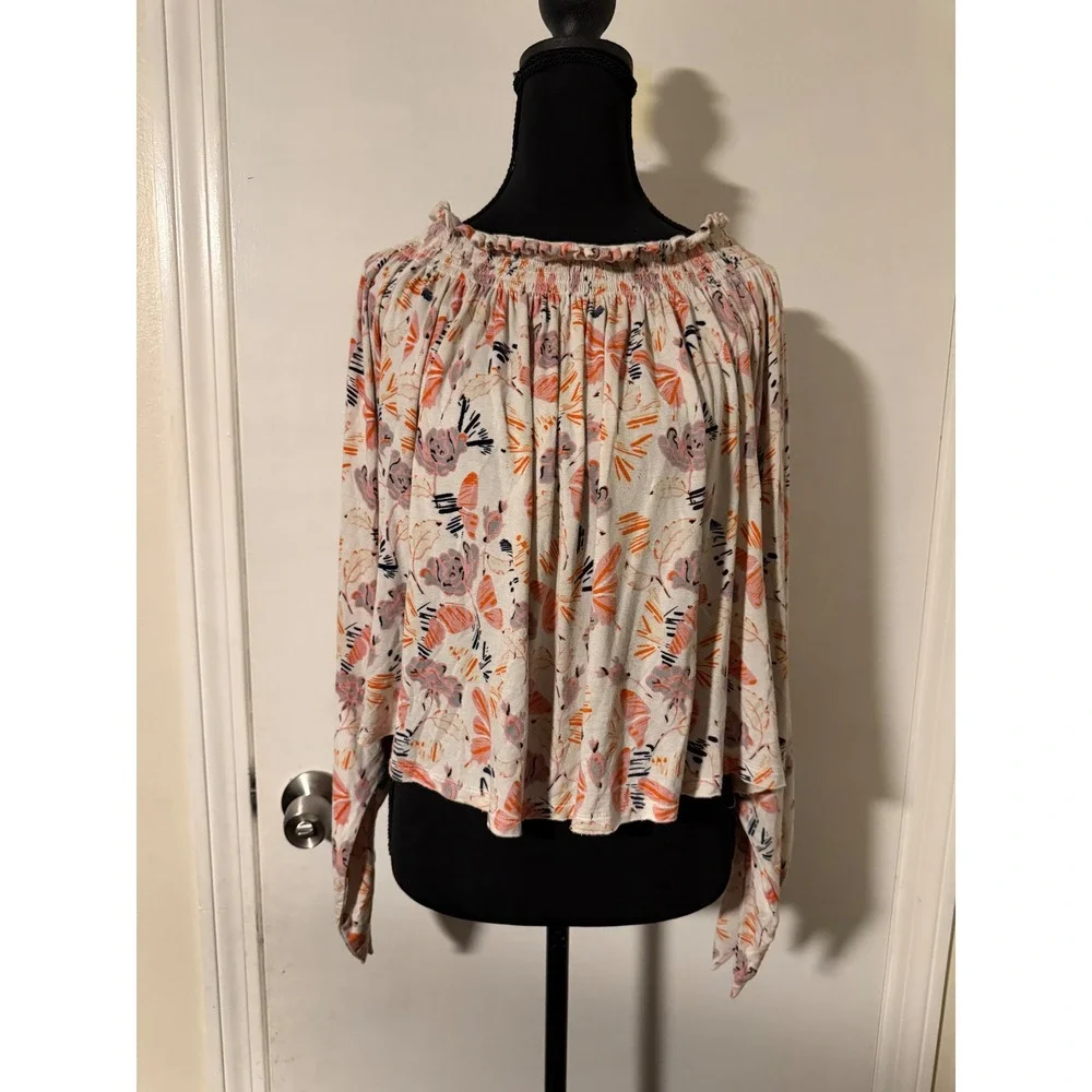 We The Free Free People Floral Smocked Off The Shoulder Long Sleeve Top Orange M